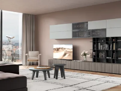 Tavolino rotondo in gres lucido stone grey e base in laccato opaco grigio antracite Newman di Febal