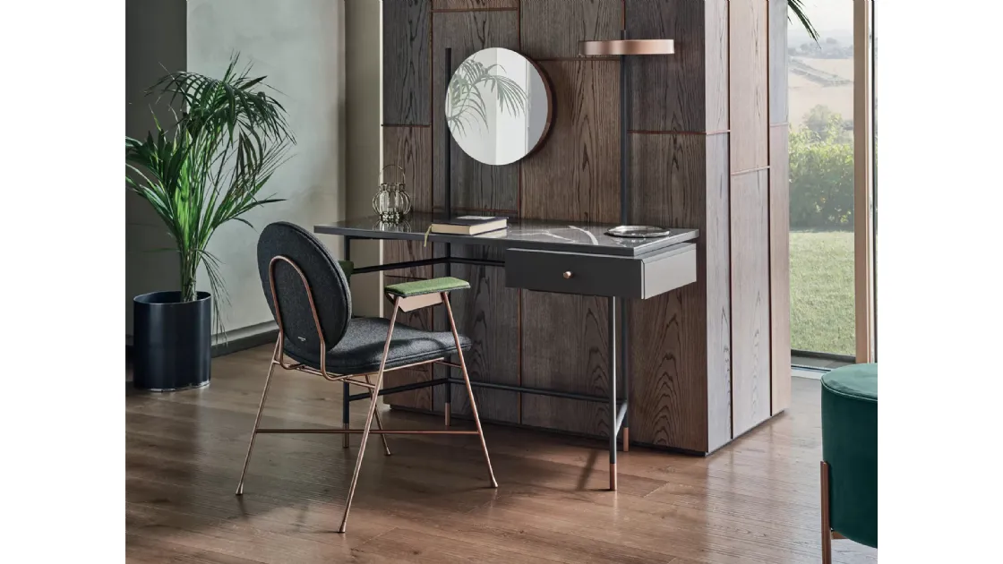 Scrittoio Vanity con top in marmo, cassetto in legno laccato e struttura in acciaio di Bontempi