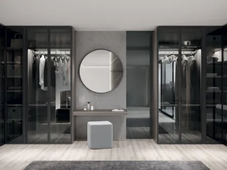 Cabina Armadio in Eucalipto argento con anta battente in metallo Carbon grey e vetro Ombra fumé Aurora di Febal