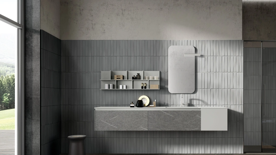 Mobile da Bagno sospeso M2 System 226 in melaminico Pietra Piasentina e laccato opaco di Baxar