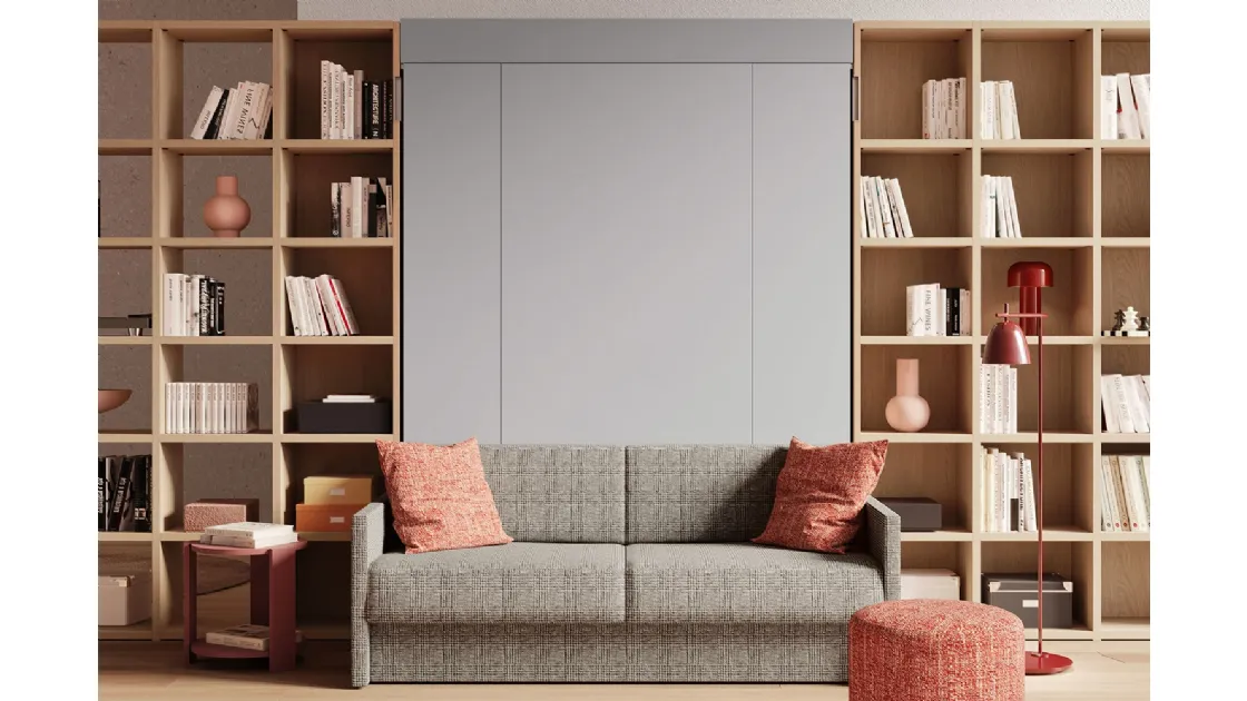 Letto a scomparsa con divano integrato e libreria Im 22 04 Nobu in melaminico Rovere e laccato opaco di Clever