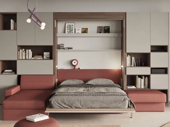 Letto a scomparsa con divano integrato e libreria Im 22 04 Nobu in melaminico Rovere e laccato opaco di Clever