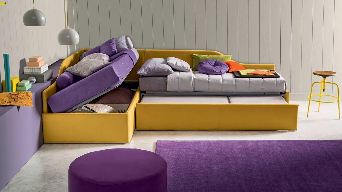 Letto singolo in tessuto con contenitore o letto estraibile Erik di Felis