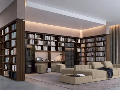 Libreria a muro e divisoria in nobilitato Eucalipto con ante in vetro trasparente fumé con due postazioni scrivania Trenta 03 di Febal