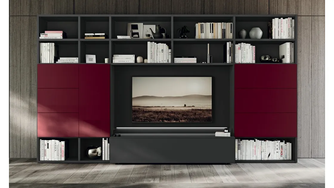 Libreria Trenta 05 in laccato opaco Grigio antracite e Rosso vino di Febal