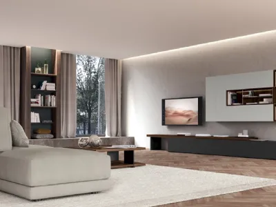 Parete Attrezzata con basi a terra in laccato opaco Grigio antracite e piano d’appoggio Linea in impiallacciato Eucalipto chiaro Quarantacinque 01 di Febal Casa