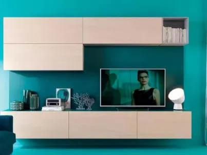 Parete attrezzata su boiserie color pavone, lineare ed essenziale LV118 di Moretti Compact