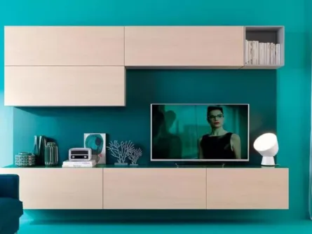 Parete attrezzata su boiserie color pavone, lineare ed essenziale LV118 di Moretti Compact