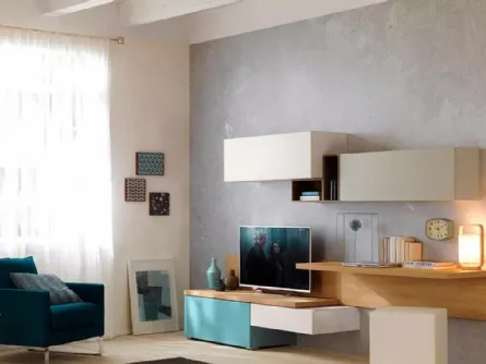 Parete Attrezzata moderna in essenza legno d'olmo abbinata al laccato dei wallbox LV107 Moretti Compact