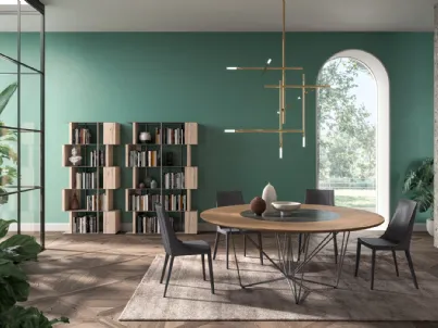 Tavolo rotondo in rovere con vassoio girevole in ceramica incassato nel piano e base in tondino di metallo Grant di Ozzio