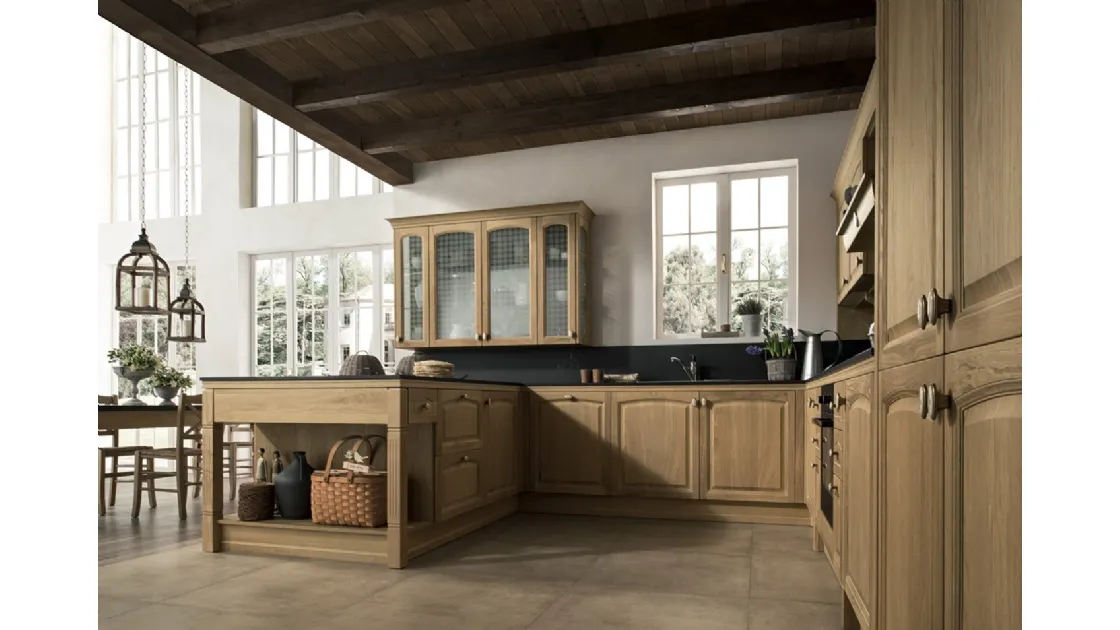 Cucina angolare classica in legno naturale e vetrine serigrafate Gala 02 di Febal
