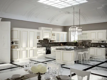 Cucina Classica angolare con isola in laccato bianco opaco e top in marmo Romantica 05 di Febal