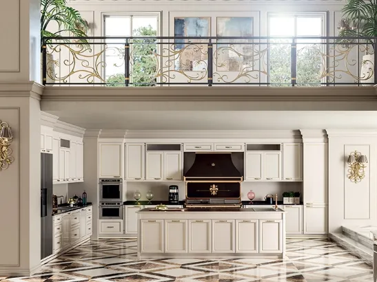 Cucina Classica angolare con isola in laccato bianco opaco e top in marmo Romantica 05 di Febal