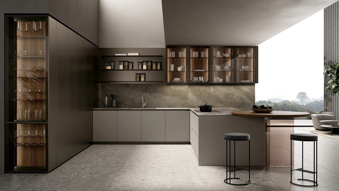 Cucina Design con penisola One 03 in alluminio laccato effetto metallo di Ernestomeda