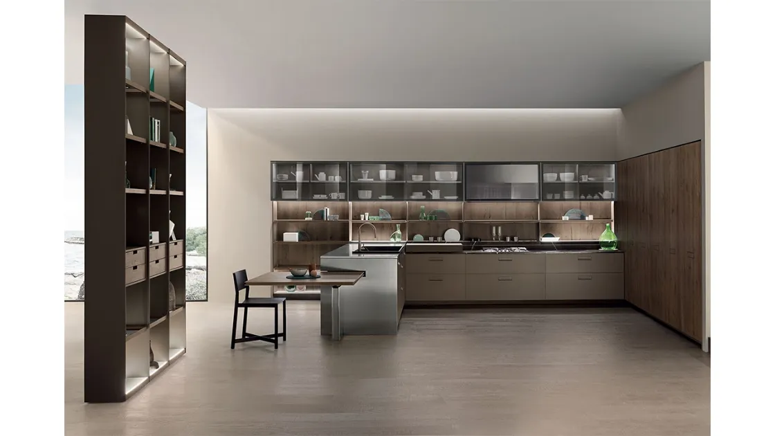 Cucina Design con penisola Soul 02 in Rovere Terra d Ombra Nodato e Laccato opaco di Ernestomeda