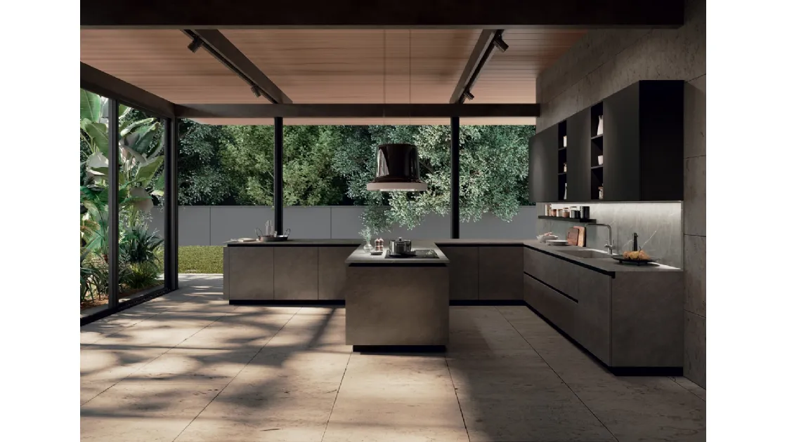 Cucina Moderna angolare in nobilitato effetto cemento Ego Line 01 di Febal