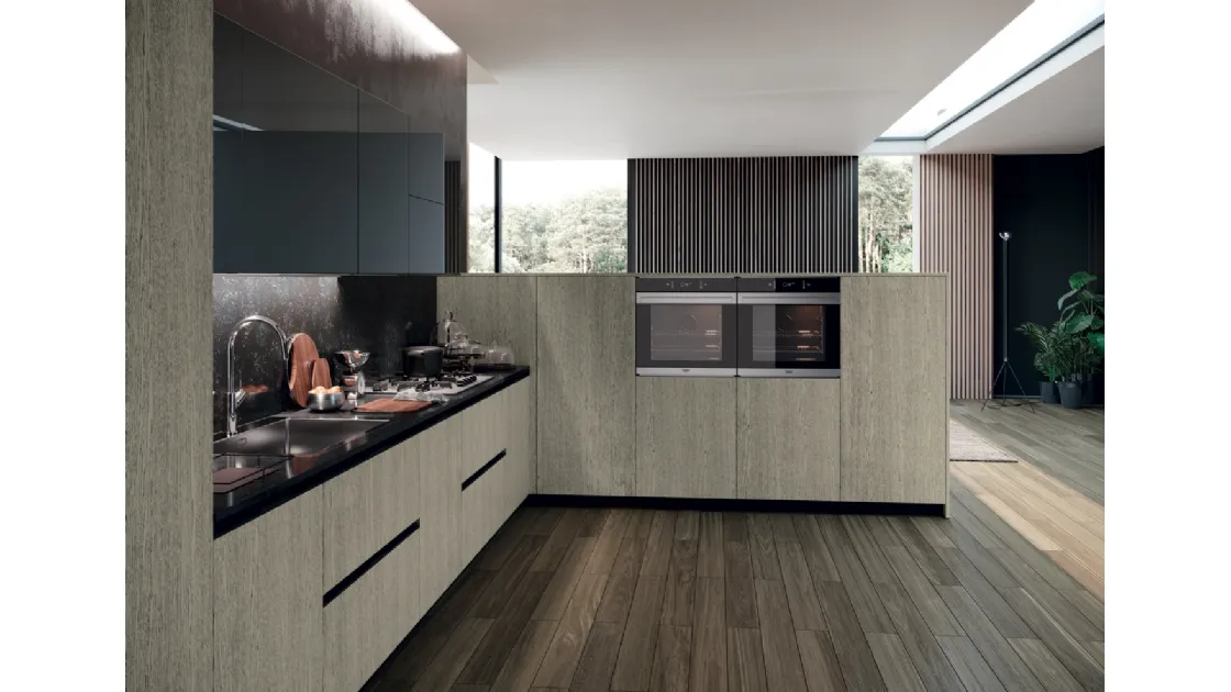 Cucina Moderna lineare in  legno di rovere tinto grigio Era 02 di Febal