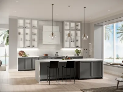 Cucina Moderna con isola in laccato opaco antracite e bianco con top e rivestimento in Neolith effetto marmo Class di Febal
