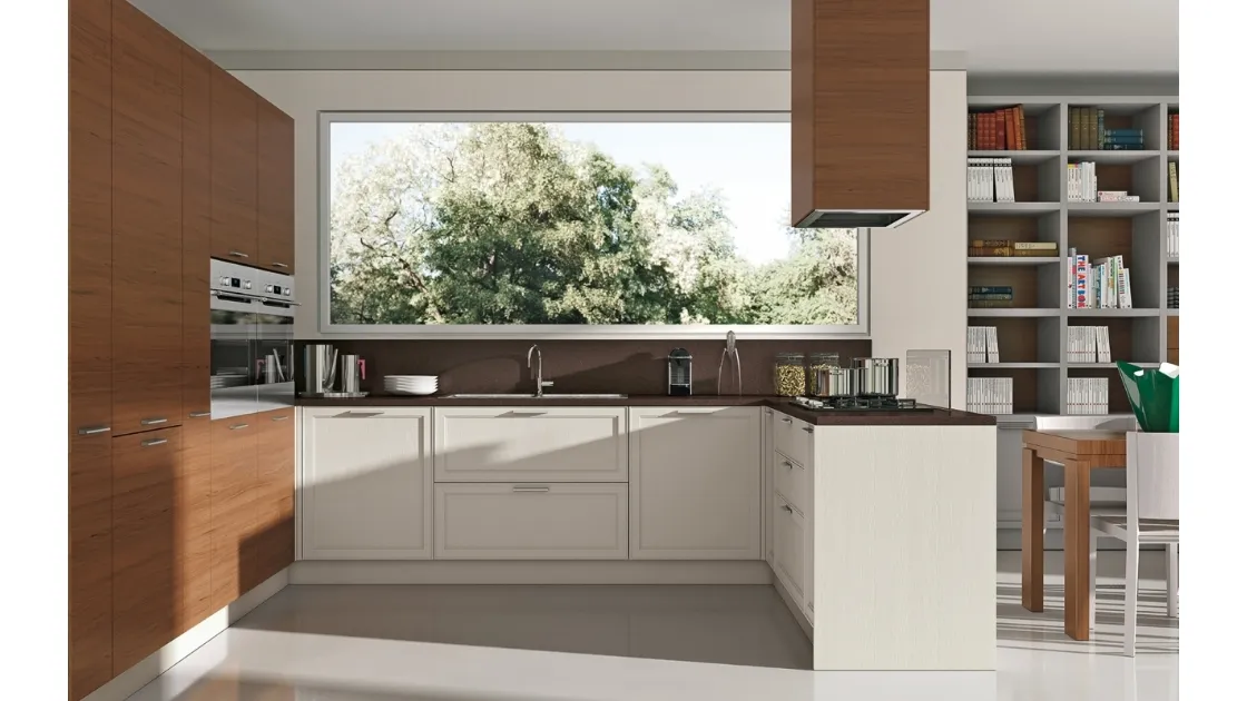 Cucina Moderna con penisola bicolore in laccato bianco opaco e legno naturale Melograno composizione 5 di Le Fablier