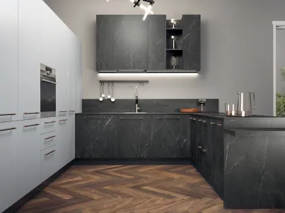 Cucina Moderna angolare in laccato bianco opaco e laminato effetto marmo Modula 03 di Febal