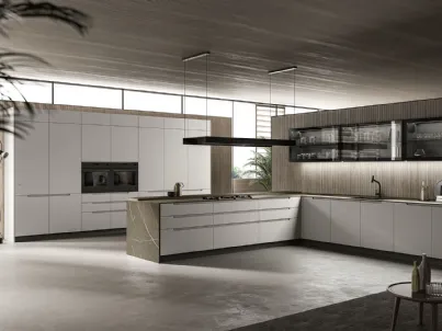 Cucina Moderna con penisola in laccato bianco opaco e top in HPL effetto marmo Traccia 01 di Febal Casa