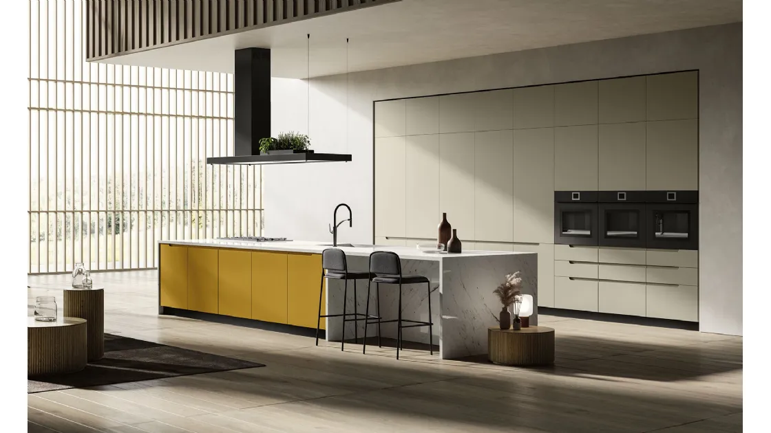 Cucina Moderna lineare in laccato giallo opaco con top e bancone effetto marmo Traccia 03 di Febal