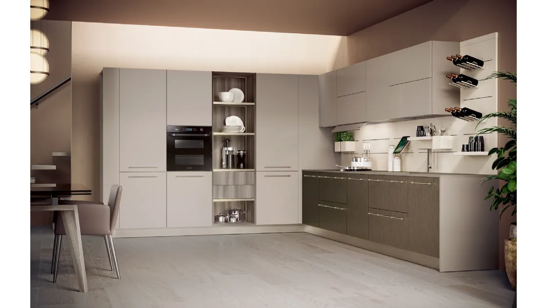 Cucina su misura angolare in laccato opaco e nobilitato effetto legno Modula 05 di Febal